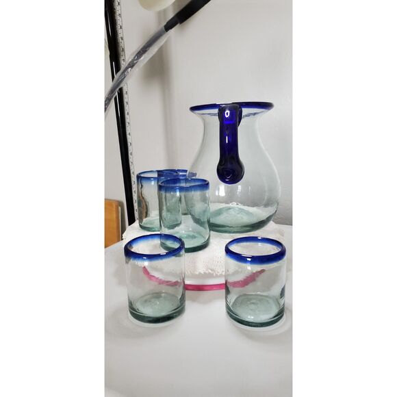 Hand Blown Mexican Glass Pitcher and 5 matching Glasses ~Merrari~ - Picture 2 of 14